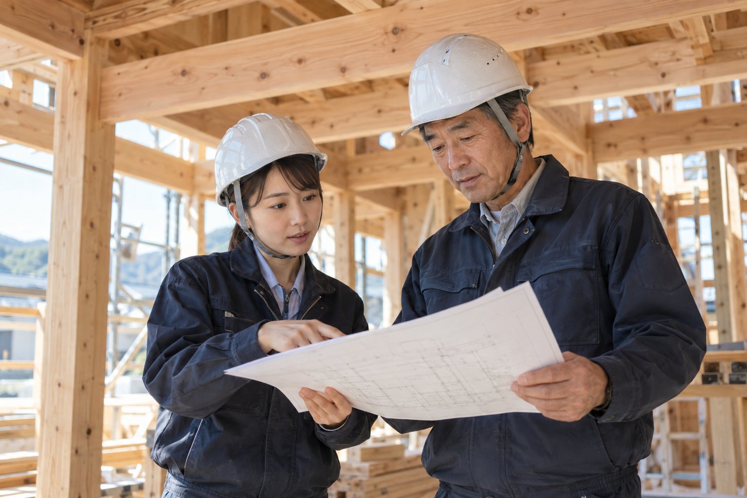 建築現場で納まりを確認する二人の日本人職人のイメージ