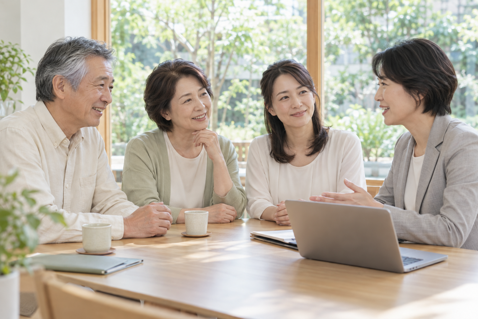 日本人の家族と相談担当者を描いたAI生成イメージ