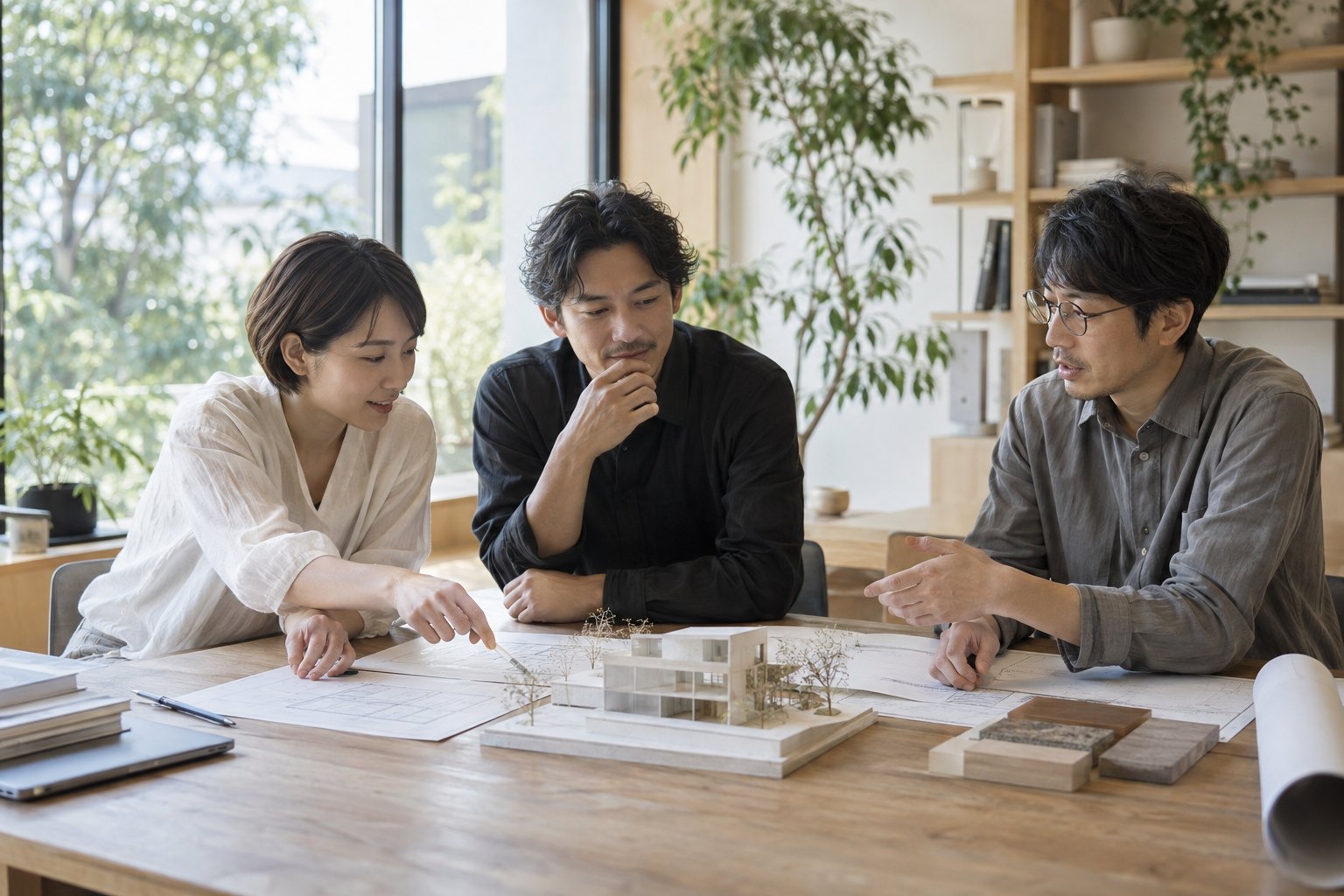 素材と図面を囲んで話し合う日本人設計者3人のイメージ