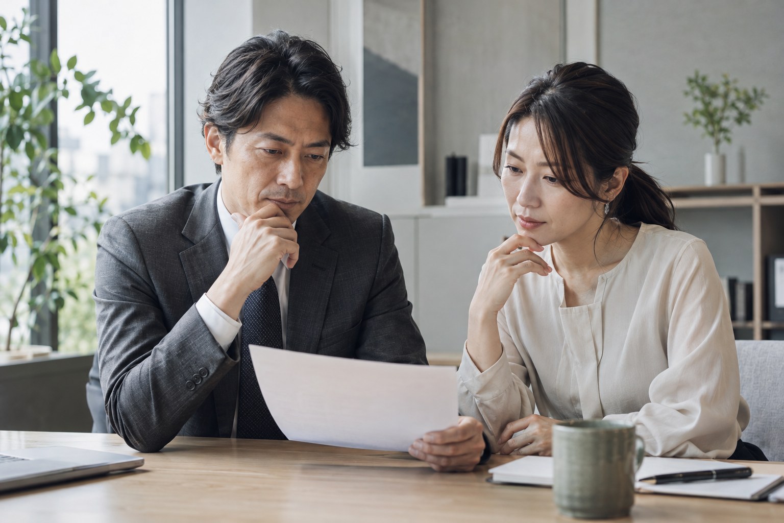 窓辺で資料を見ながら相談する日本人男女のイメージ