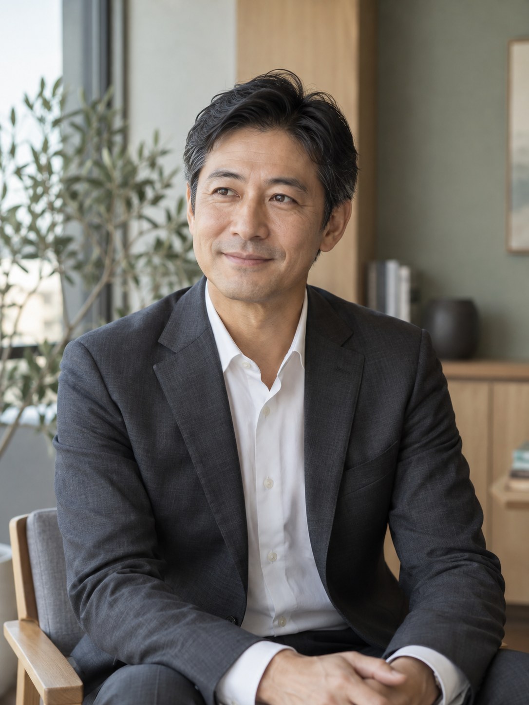 自然光の入るオフィスに座る日本人男性のイメージ