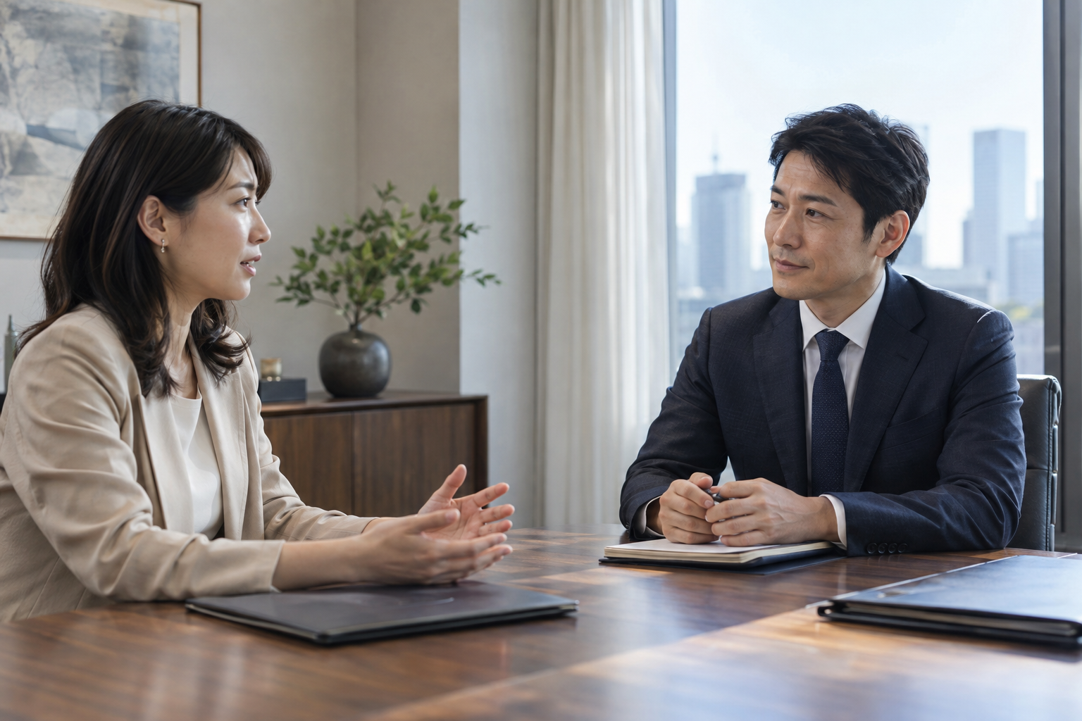 日本人の相談担当者と依頼者が対話するAI生成イメージ