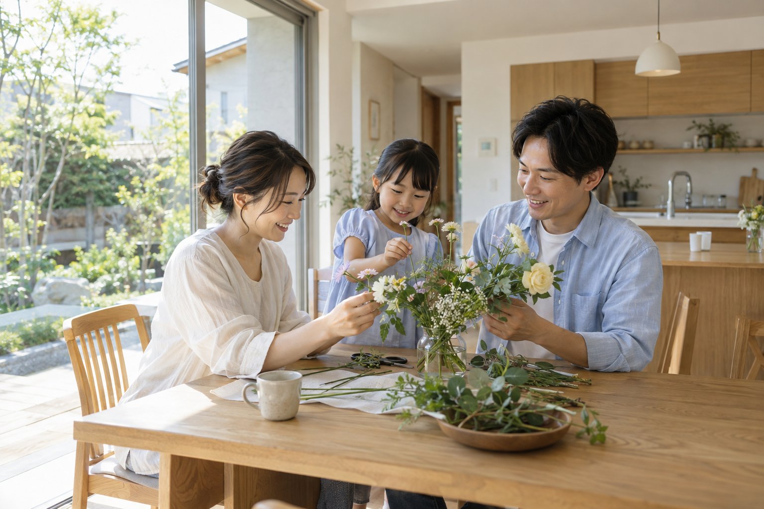 明るい木の住まいでくつろぐ日本人家族のイメージ