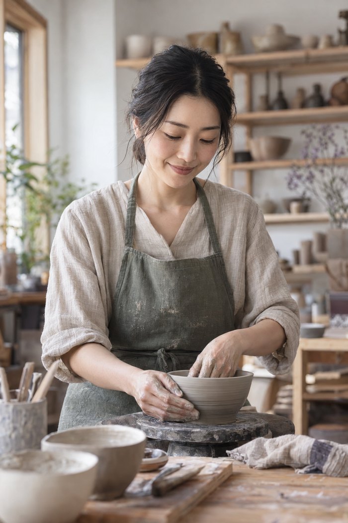 工房で働く架空の日本人女性のイメージ写真