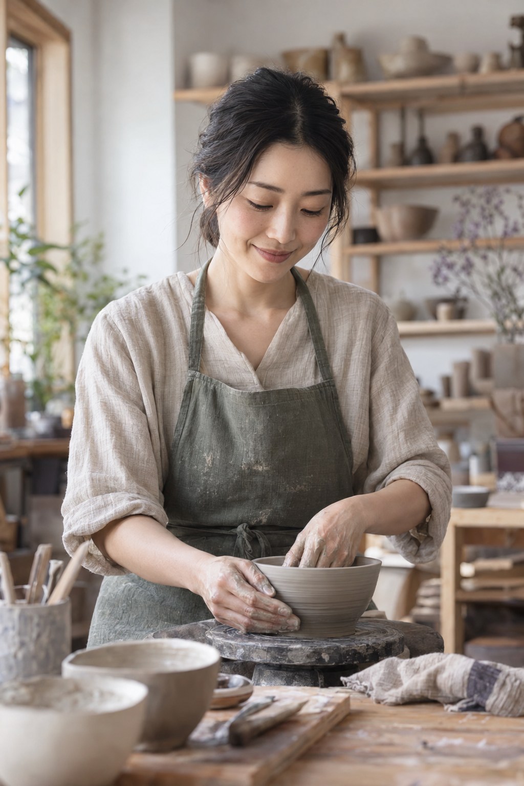アトリエで陶芸に取り組む架空の日本人女性